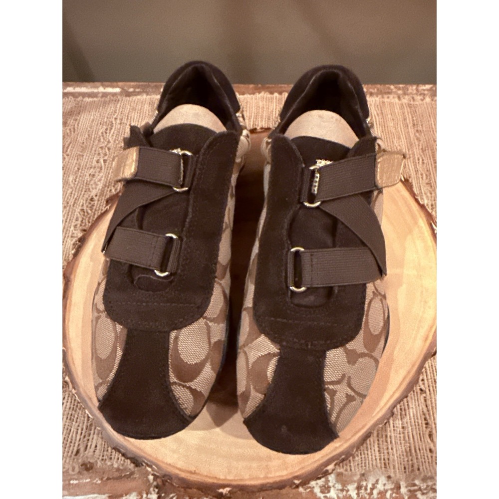 Coach Kyrie Signature Logo Canvas Suede Athletic Sneaker Women's 6.5M Brown Gold - Picture 7 of 16
